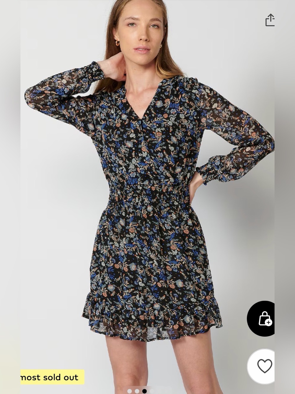 Aakaa Floral Long-Sleeve Smocked Waist Dress - Black Multi